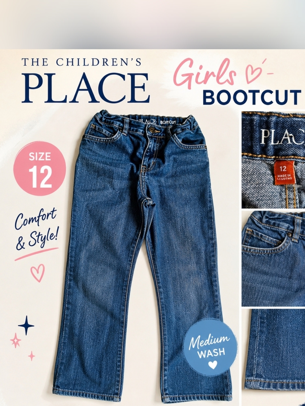 Girls The Children’s Place Bootcut Jeans Size 12 Medium Wash Denim 35” Length